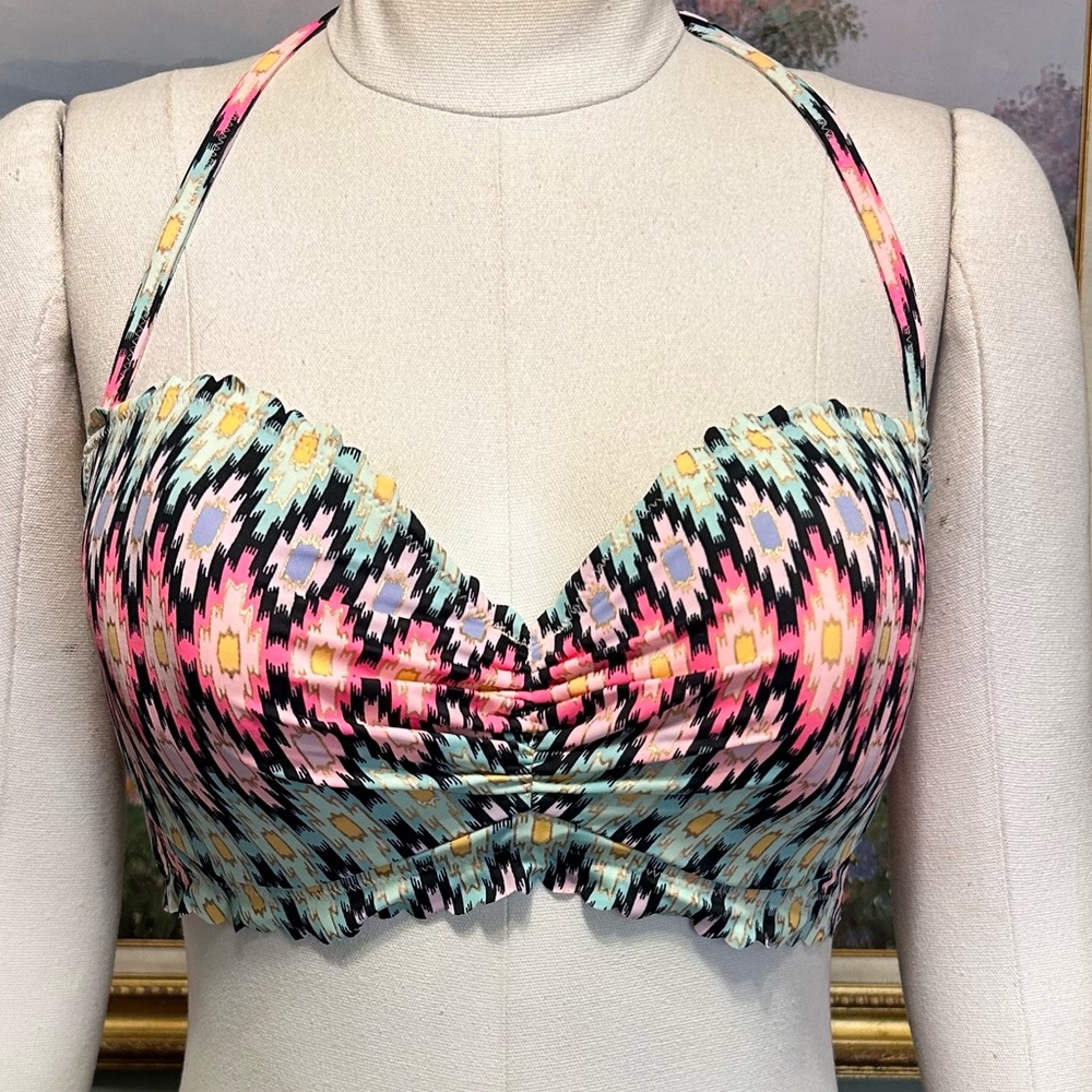 Victoria’s Secret Getaway Pink Black Gold Blue Bathing Suit Halter Bikini Top